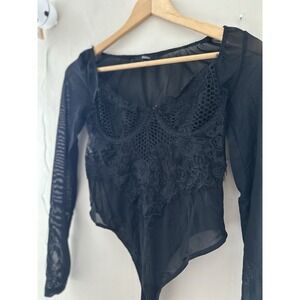 Womens Whimsigoth Mesh Bodysuit Size M Lace Black Goth Grunge Cyber Fairy Witchy